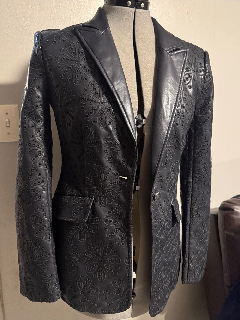 cinq a sept Black Embossed Leather-Trim Blazer